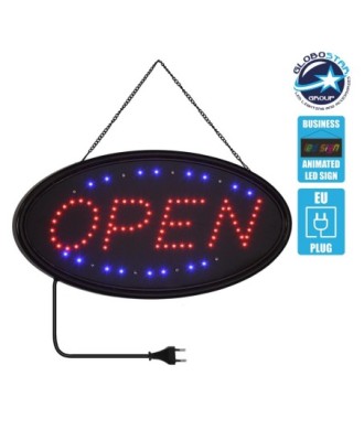 GLOBOSTAR® SIGN 75683 Διακοσμητικό Φωτιστικό Τοίχου Ένδειξης - Σήμανσης "OPEN" LED 5W 150lm 120° AC 220-240V IP20 Κόκκινο & Μπλε - Μαύρο - Μ47.5 x Π24.5 x Υ2.5cm - 2 Χρόνια Εγγύηση